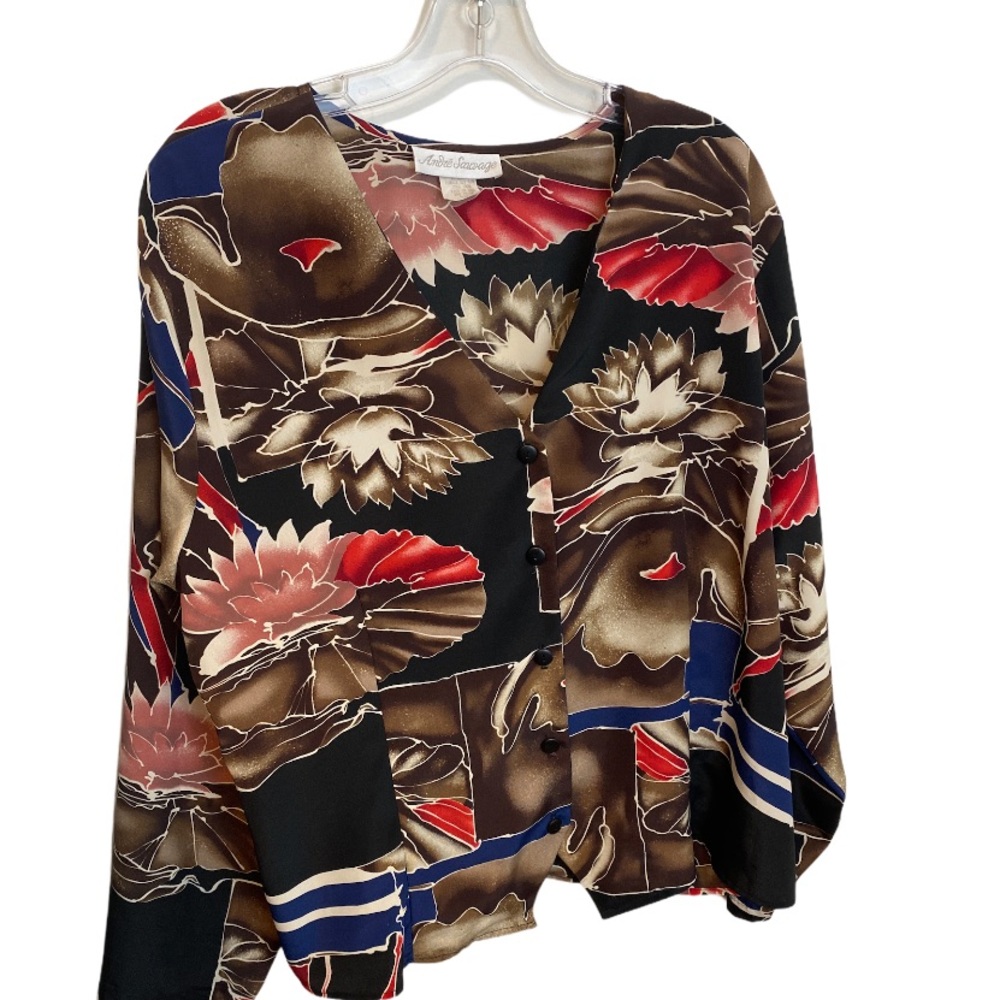 ANDRE SAUVAGE Vintage 80s Brown Rose Water Lily Floral Top
